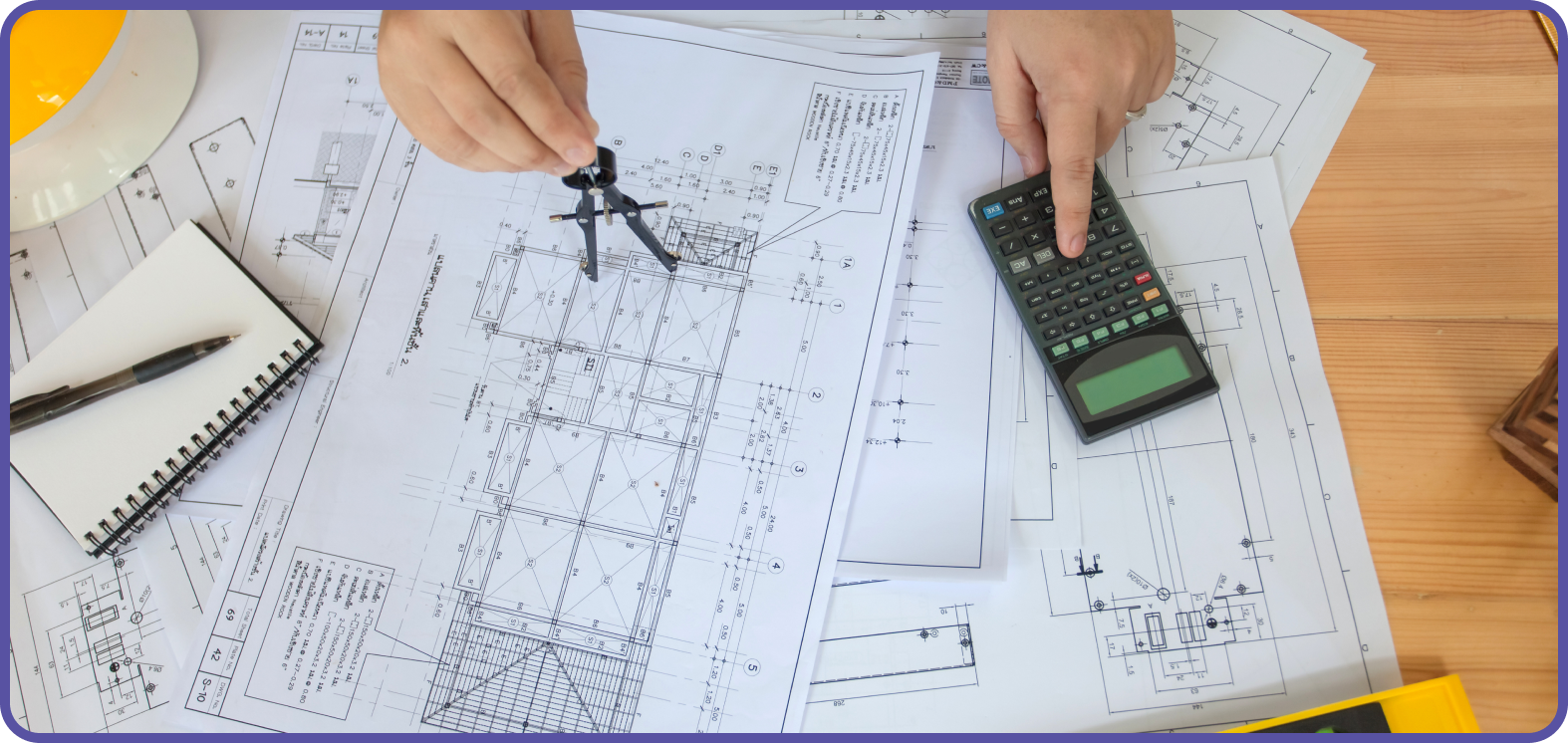 Man using compass on floor plan to extract the measurement while typing in numbers onto a calulator